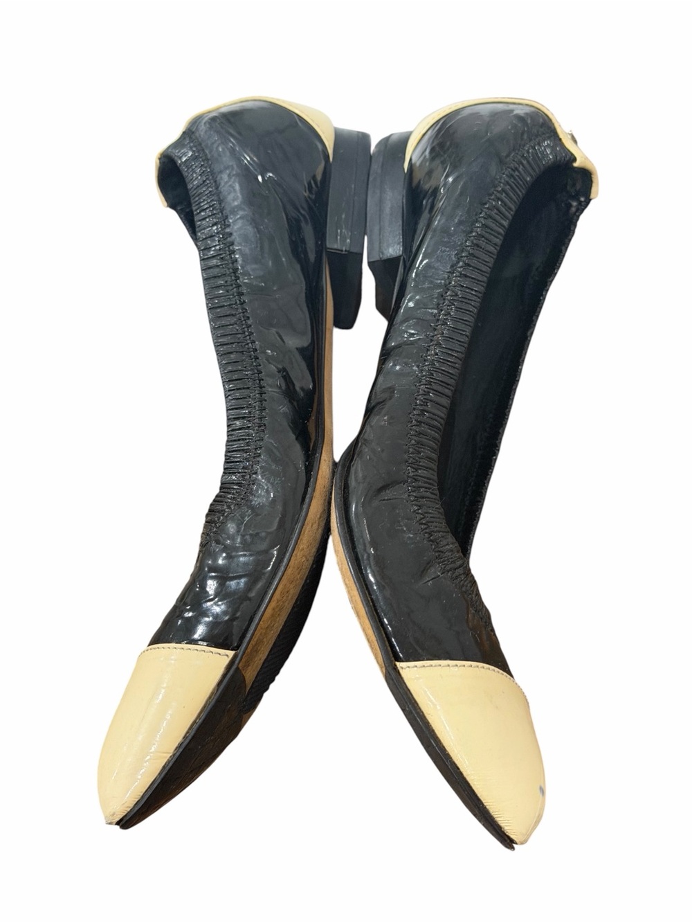 CHANEL Black Patent Leather Beige Cap Toe Ballet Flats Shoes Size 35 - Picture 4 of 16